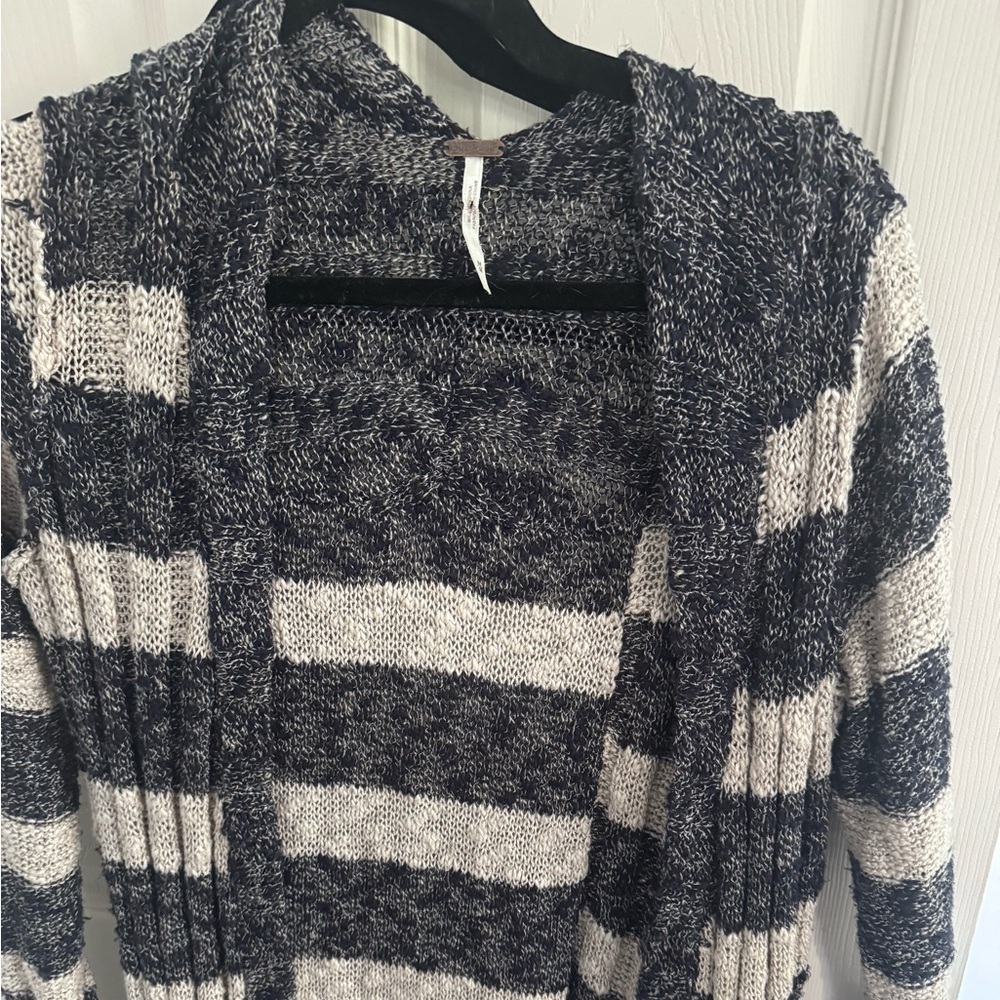 Free People Navy Blue Oatmeal Striped Free Spirit Open Front Duster Cardigan - Picture 5 of 10